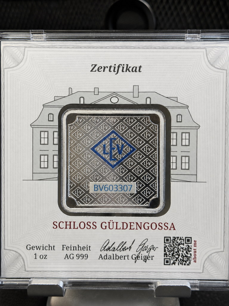 Serialized silver bars Geiger 1 ounce square silver bar sealed in original certificate packaging with unique serial number and assay card.