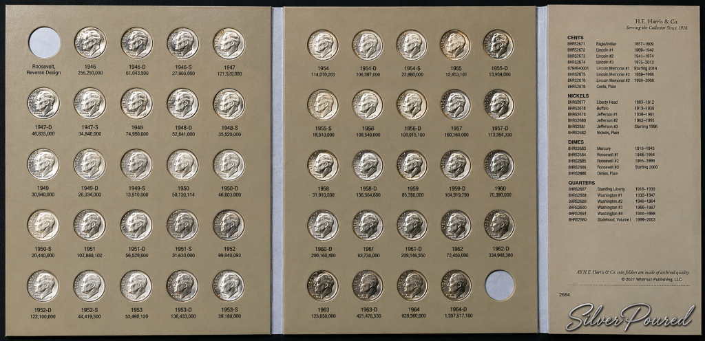 Roosevelt Dime Silver Value Whitman album showing a complete 1946 through 1964 collection of 90% silver Roosevelt dimes.