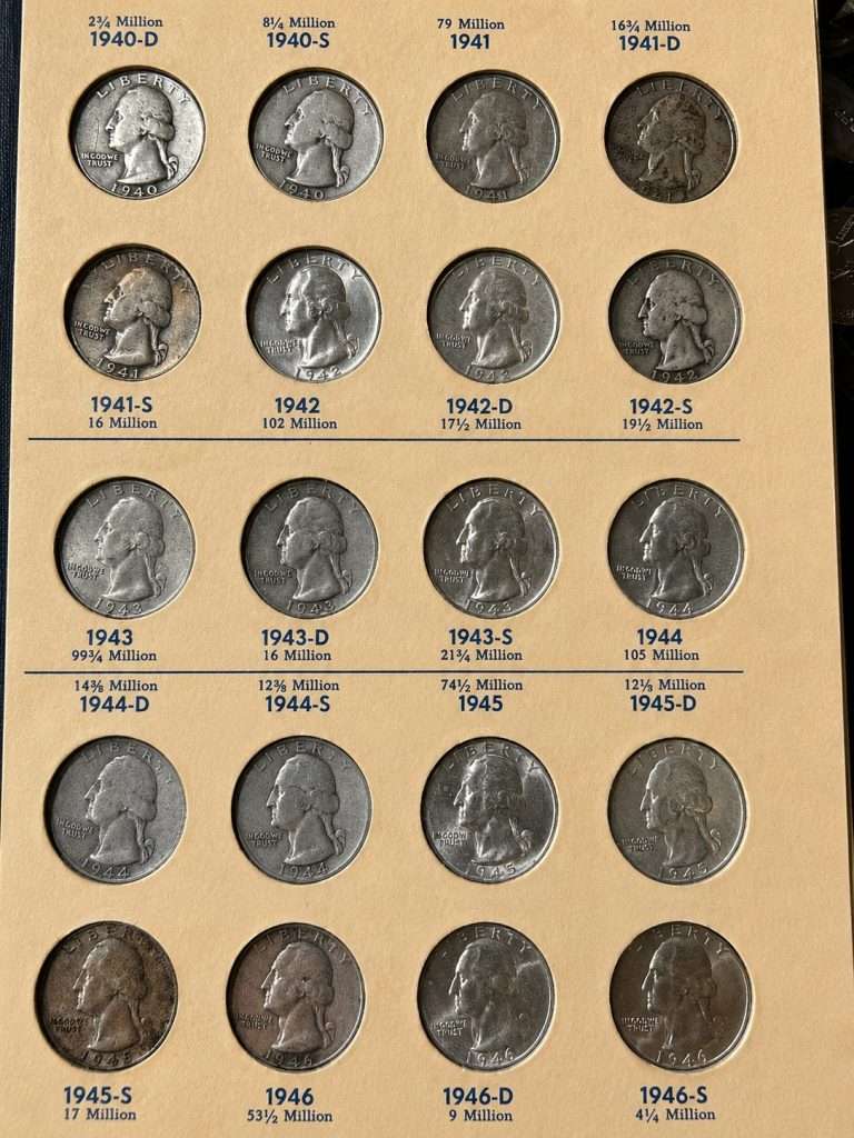 Washington quarter album collection featuring 90% silver quarters dated 1940 through 1946 displayed in a vintage coin album