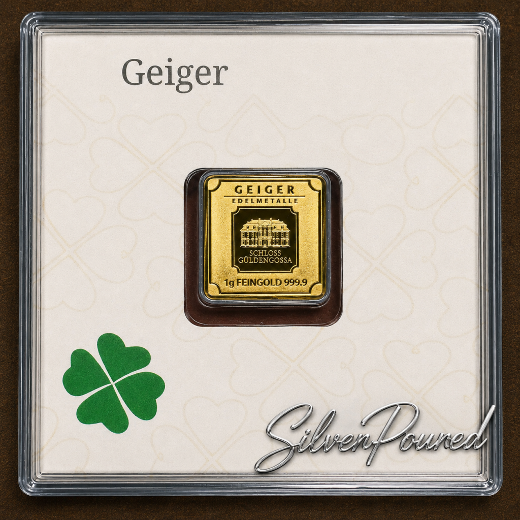 Geiger 1 gram .9999 fine serialized gold bar in Clover Edition assay packaging