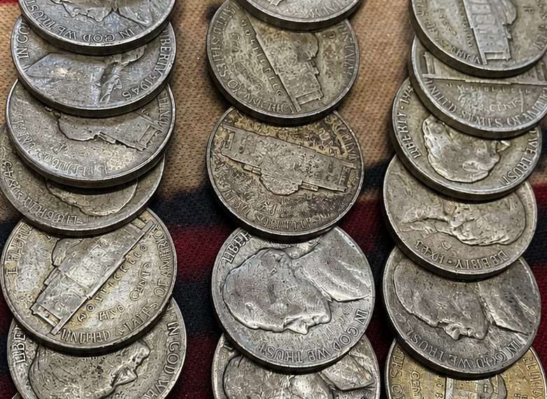 War nickel value comparison showing a pile of 1942–1945 35% silver Jefferson war nickels