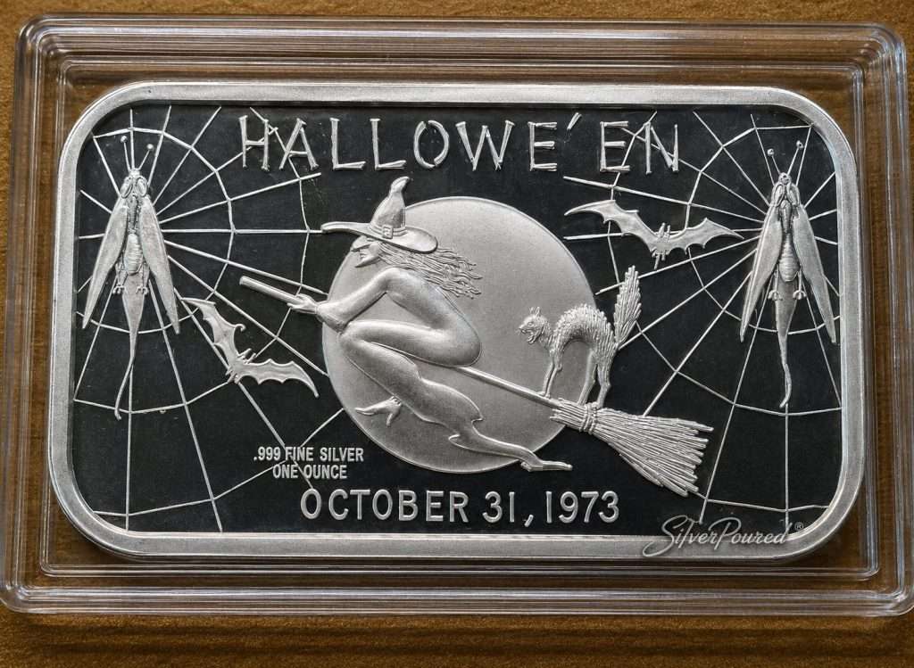 1973 Halloween October 31 1 troy ounce .999 fine silver bar obverse