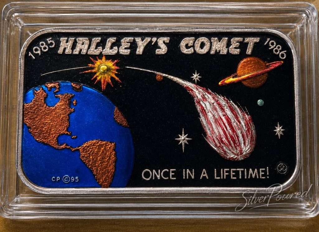 1985 Halley's Comet colorized 1 troy ounce .999 fine silver bar obverse