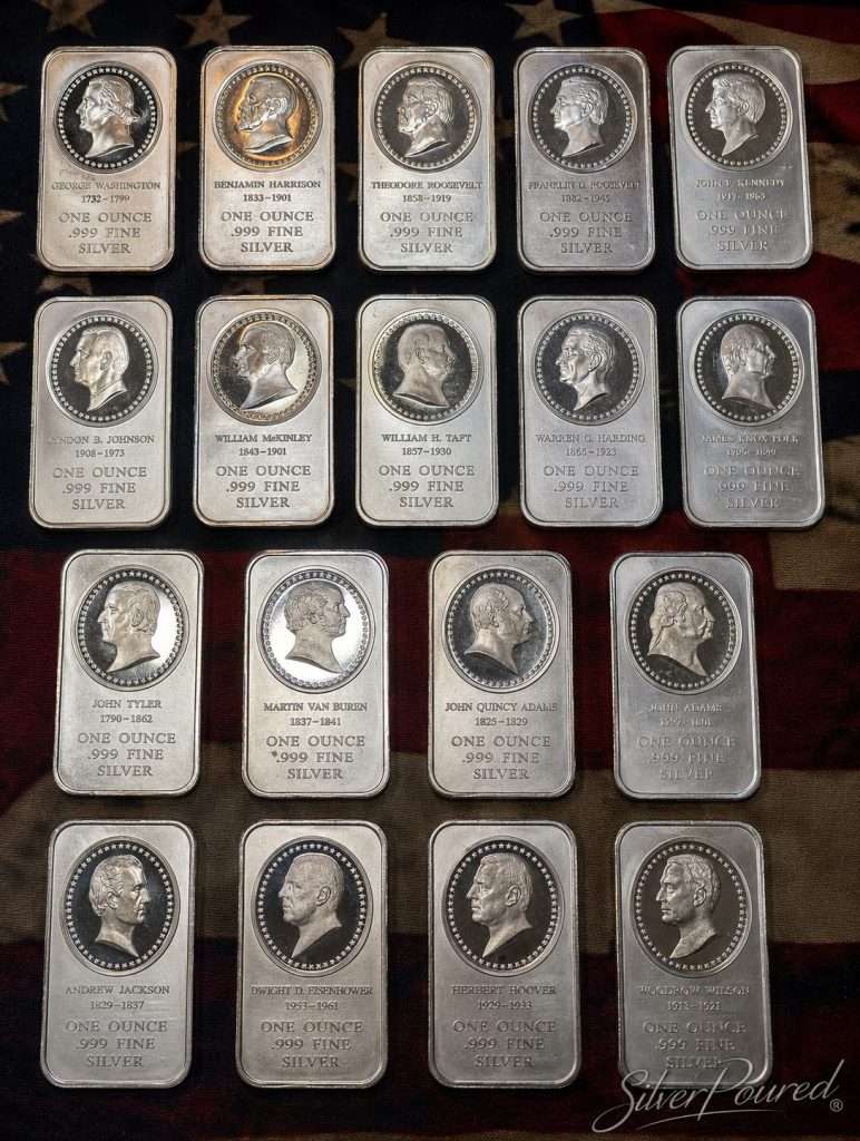 Silver bid price comparison using a complete collection of 1986 Presidential 1 troy ounce .999 fine silver bars