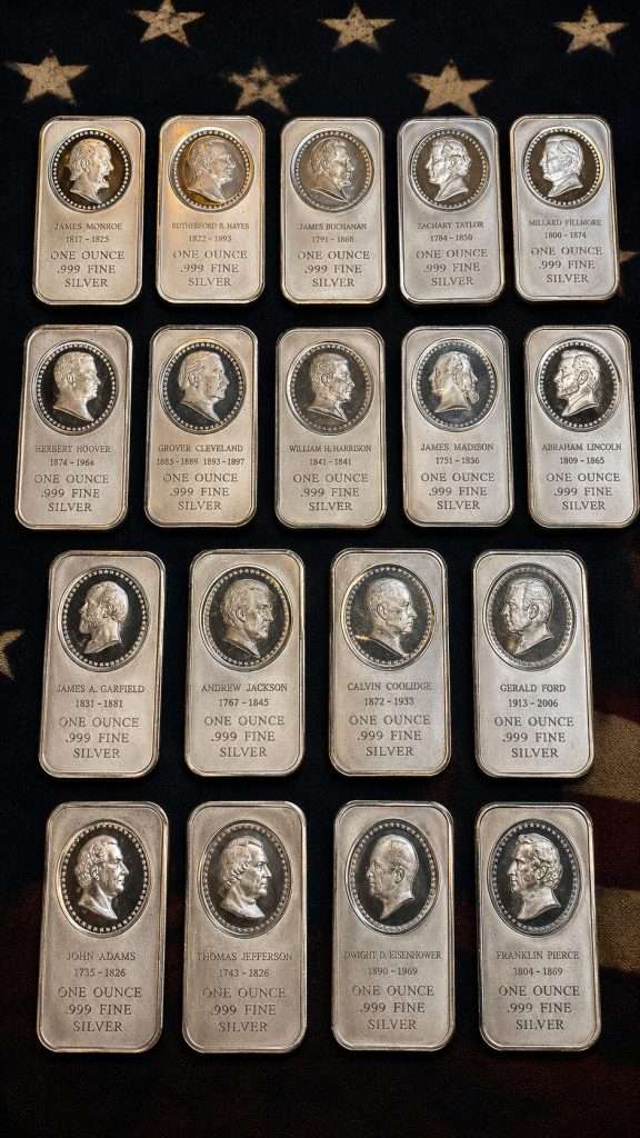 Complete 1986 Presidential 1 troy ounce .999 fine silver bar collection group photo