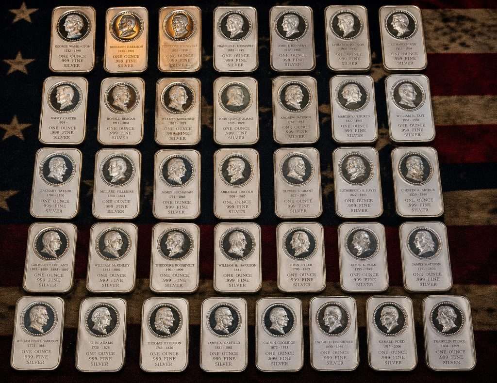 ALT TEXT
1986 Presidential 1 troy ounce .999 fine silver bar complete collection group photo