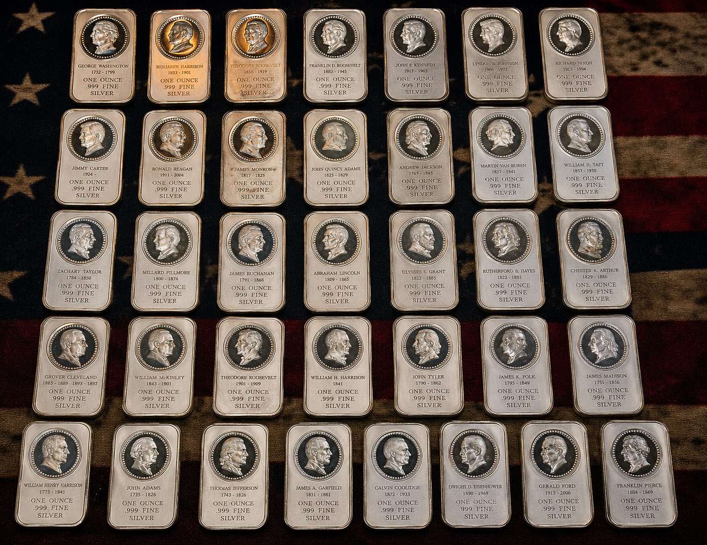 Collection of one troy ounce .999 fine silver bars illustrating physical silver inventory and supply
