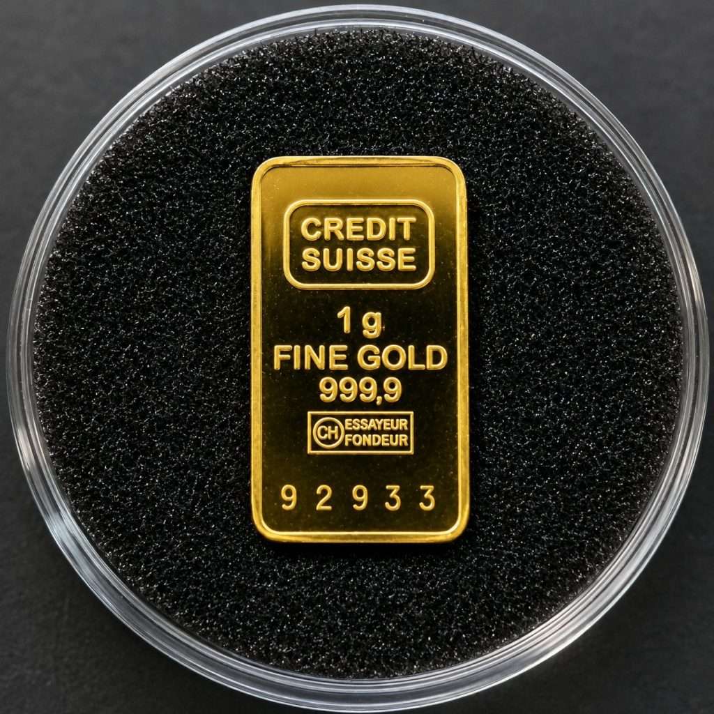 Serialized 1 gram Credit Suisse .9999 fine gold bar obverse with unique serial number