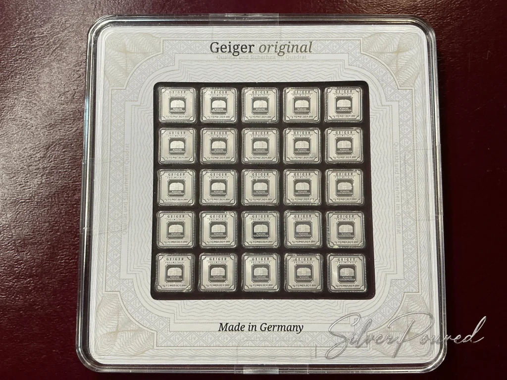 25 x 1 gram Geiger Edelmetalle Original Multicard containing individually sealed .999 silver bars