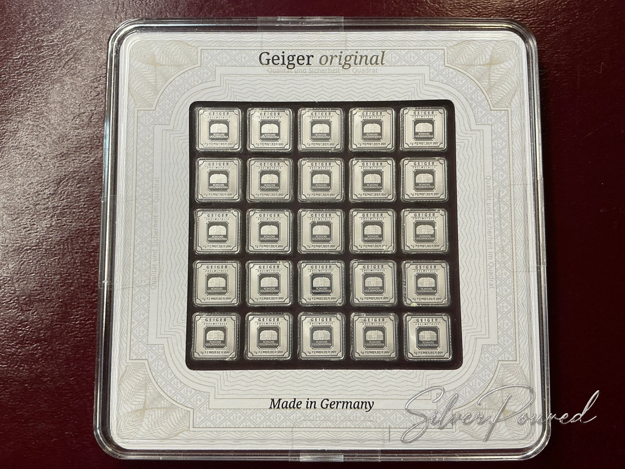 25 one gram Geiger fractional silver bars used for flexible silver stacking