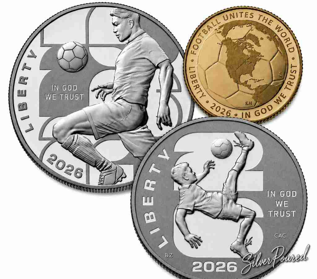 2026 FIFA World Cup three-coin proof set featuring the gold $5 coin, silver dollar, and clad half dollar