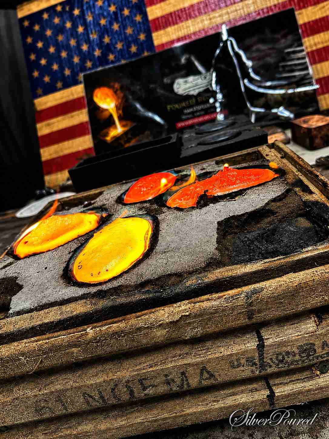 Fresh hand poured copper in homemade sand mold near 2100 degrees Fahrenheit