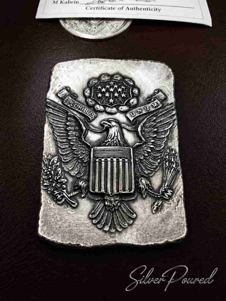 MK Bars .999 fine silver hand-poured American Eagle silver bar obverse.