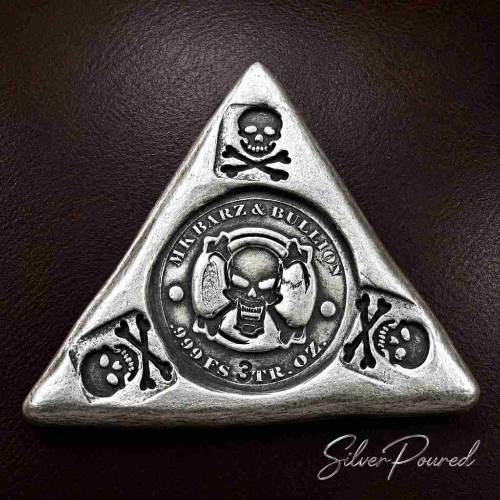 MK Bars .999 fine silver hand-poured Triangle Pirate 3 troy ounce silver bar obverse.