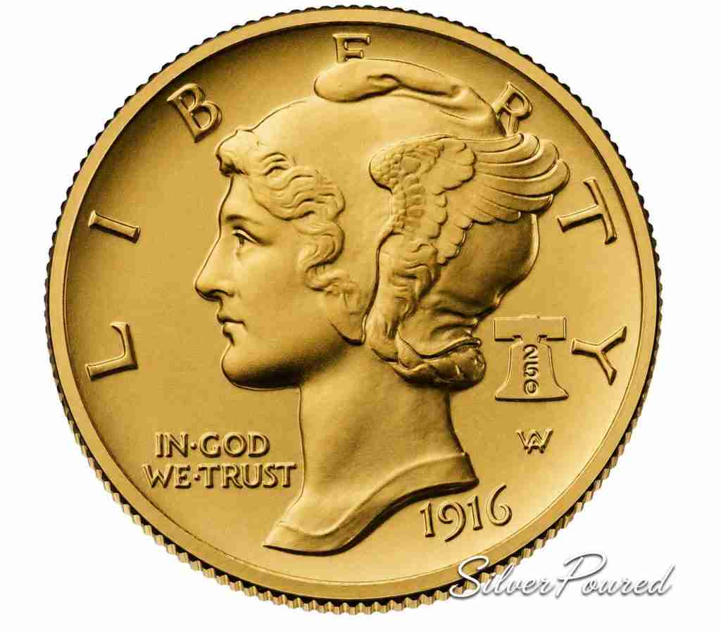 1916 Mercury Dime 24-karat gold proof coin obverse from the United States Mint Best of the Mint Historic Designs series featuring Adolph A. Weinman's Winged Liberty design with the Liberty Bell "250" privy mark.