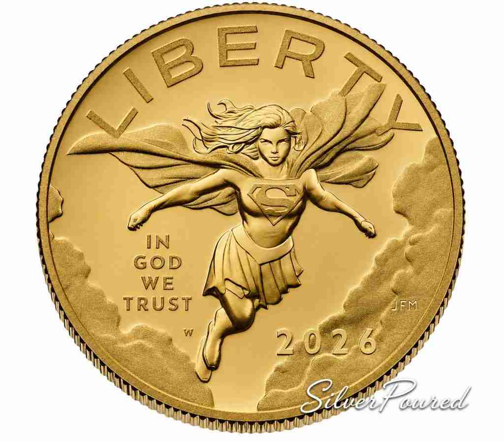 2026 Supergirl 24-Karat Gold Proof Coin obverse featuring Supergirl in flight with Liberty, In God We Trust, W mint mark, and 2026 date.