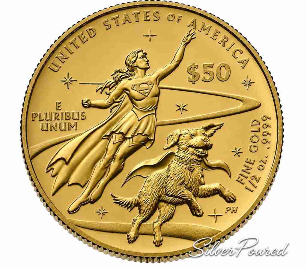 2026 Supergirl 24-Karat Gold Proof Coin reverse featuring Supergirl in flight with Krypto, United States of America, E Pluribus Unum, 50 Dollars and gold-content inscriptions.